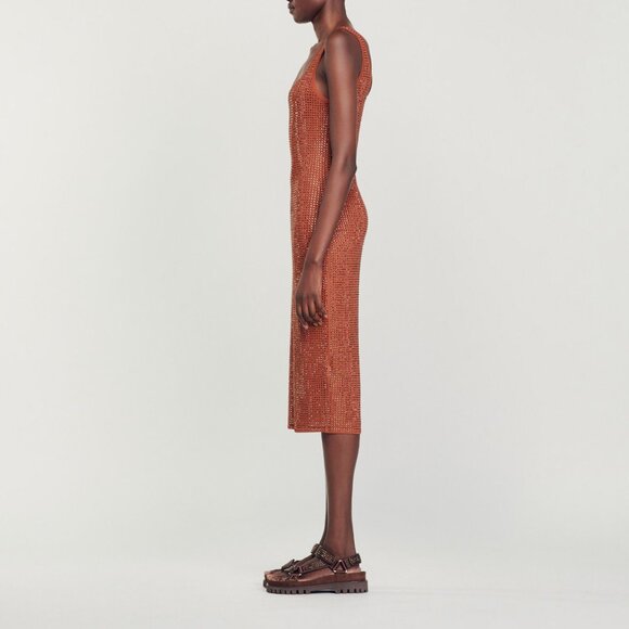 SANDRO Brown rhinestone-embellished midi dress - Picture 2 of 7